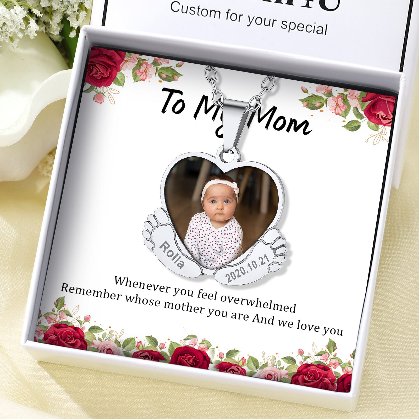 Custom4U Personalized Heart Baby Feet Photo Necklace with Names