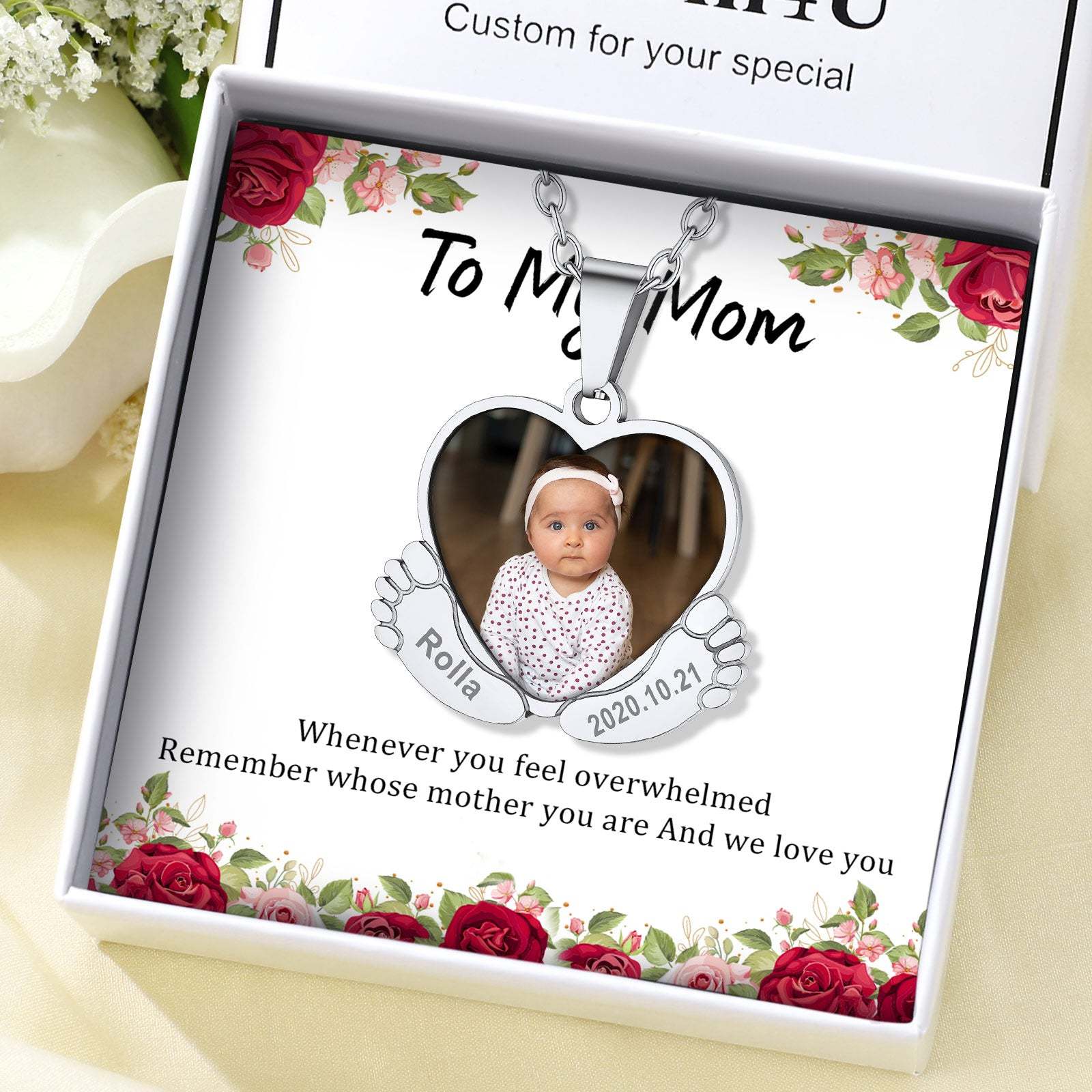 Custom4U Personalized Heart Baby Feet Photo Necklace with Names