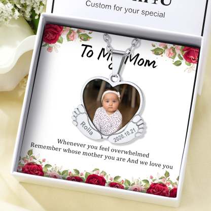 Custom4U Personalized Heart Baby Feet Photo Necklace with Names