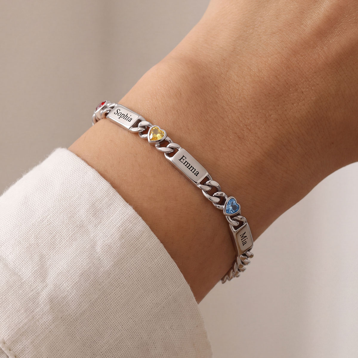 Personalized Multi-Name Cuban Chain Birthstone Bracelet for women