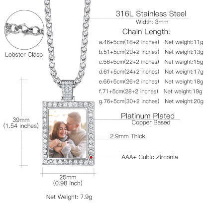 Personalized Photo Frame Shaped Pendant Necklace for Men Women size