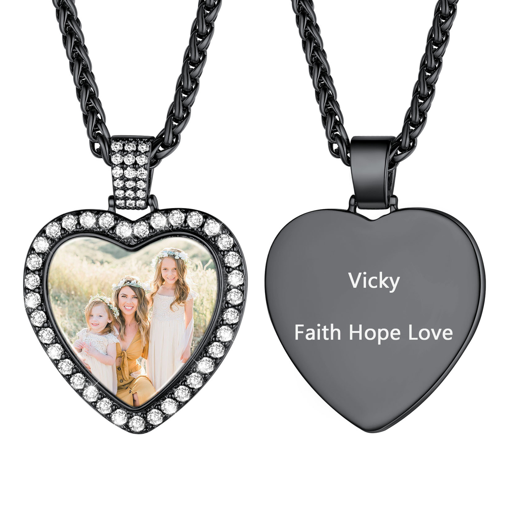 Personalized Heart Picture Necklace Iced Out Photo Pendant for Men Black