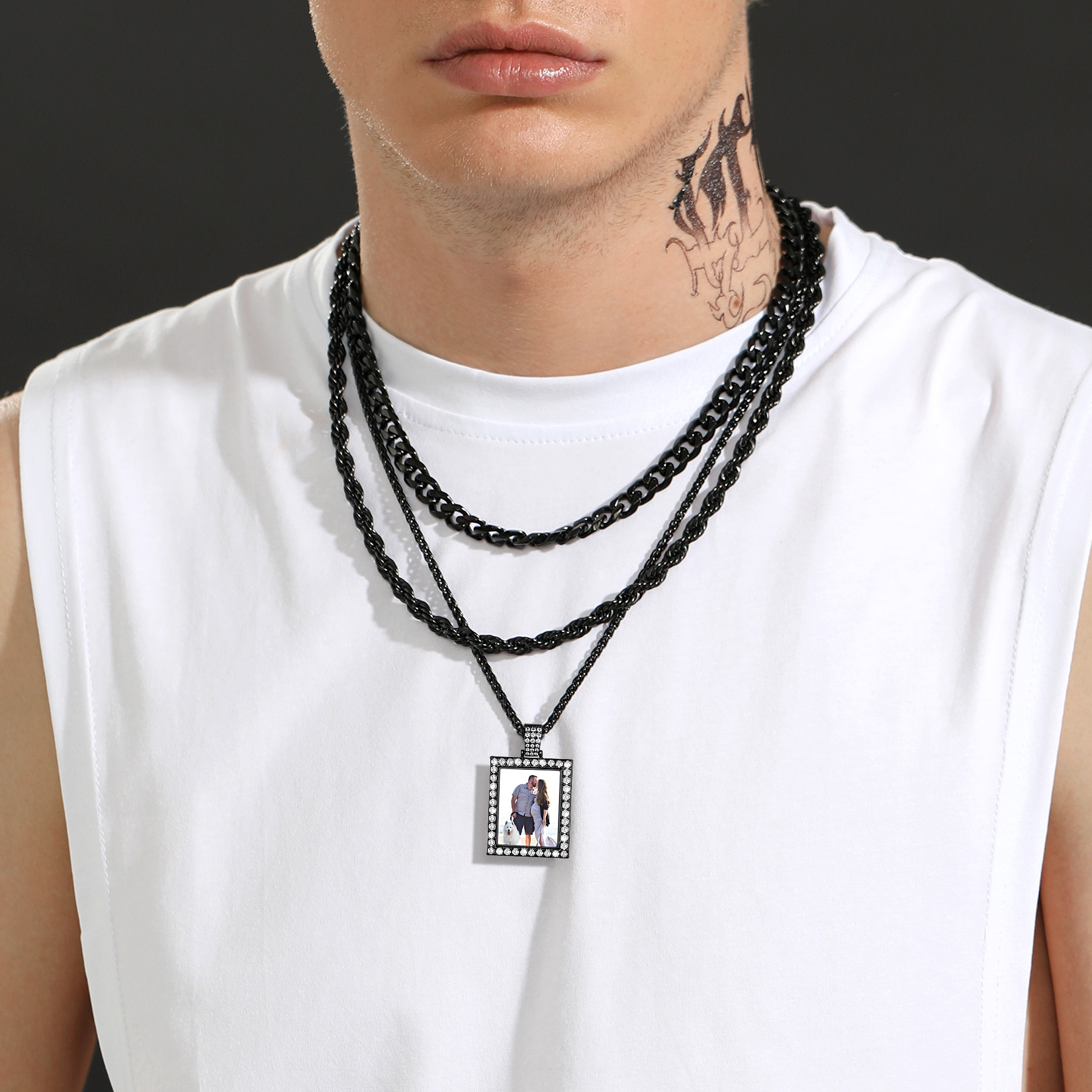 Personalized Photo Frame Shaped Pendant Necklace for Men Women model black