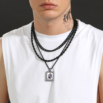 Personalized Photo Frame Shaped Pendant Necklace for Men Women model black