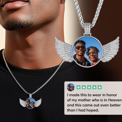 man wearing Angel Wing Photo Circle Chain Necklace
