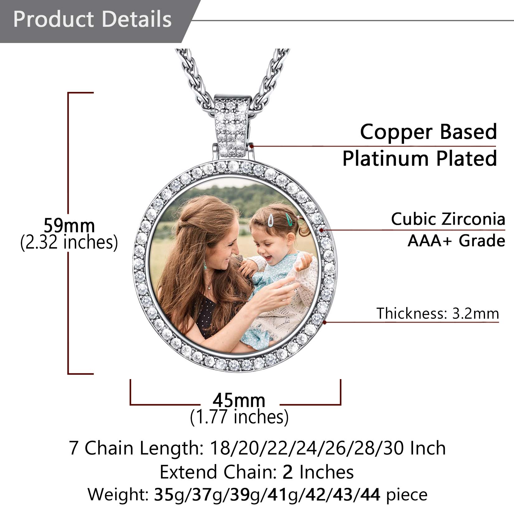 Personalized Photo CZ Pendant Necklace for Men Women size