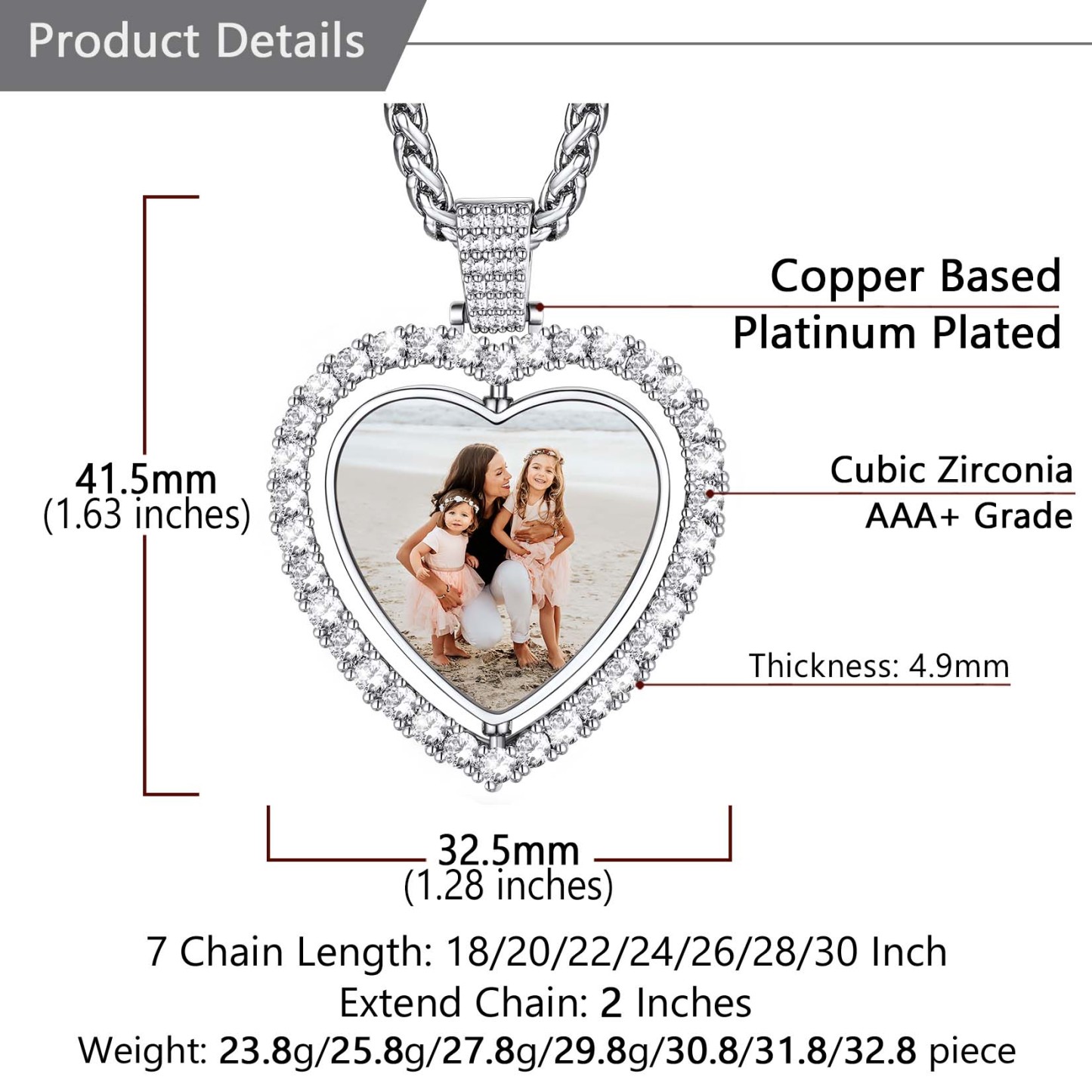 Personalized Photo Heart Pendant Necklace for Men Women detail