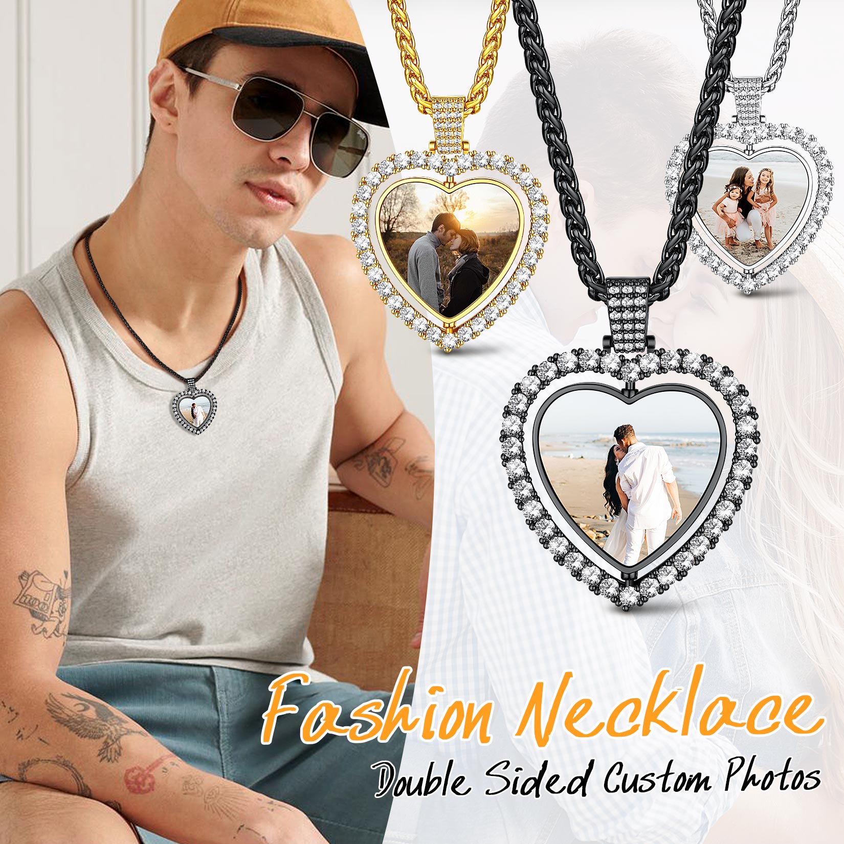 Personalized Photo Iced Out Heart Necklace for Men Women collection