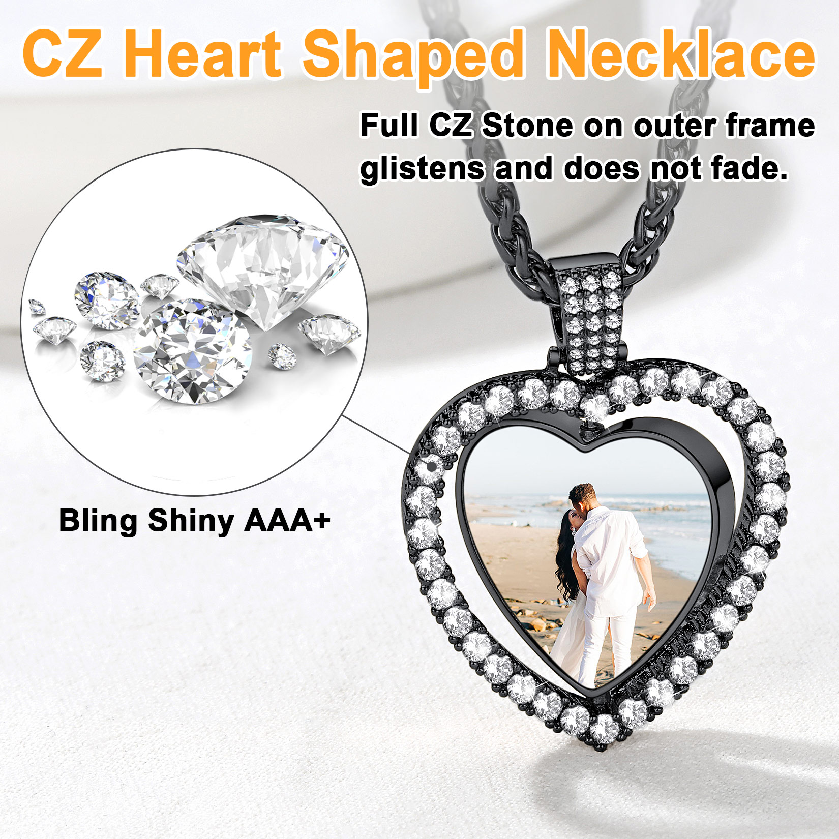Personalized Photo Heart Pendant Necklace for Men Women cz