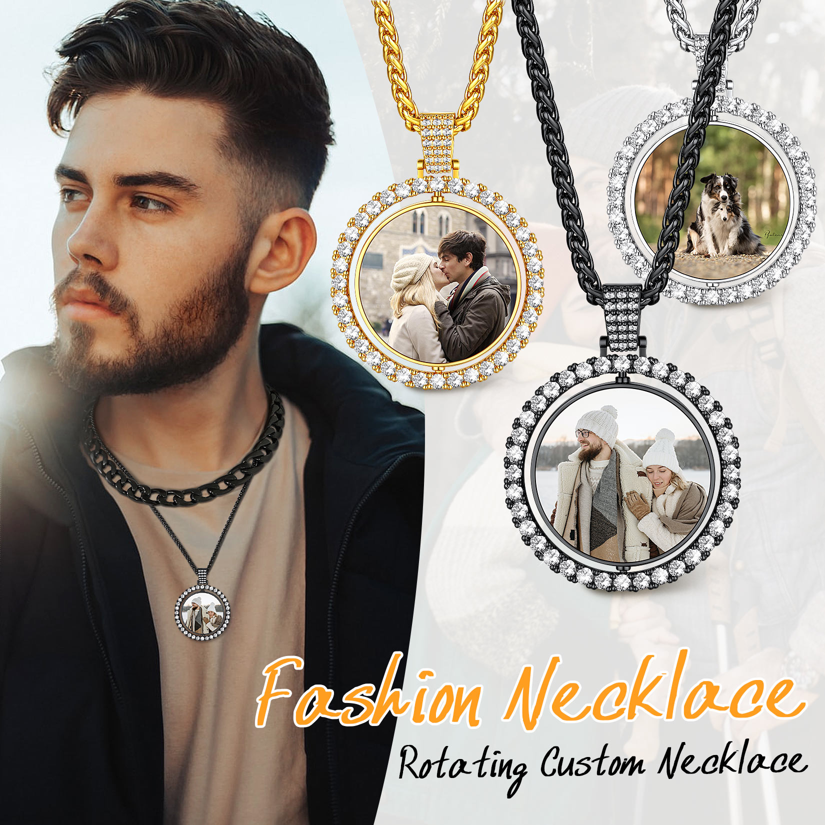 Personalized Rotatable CZ Round Double Side Picture Necklace