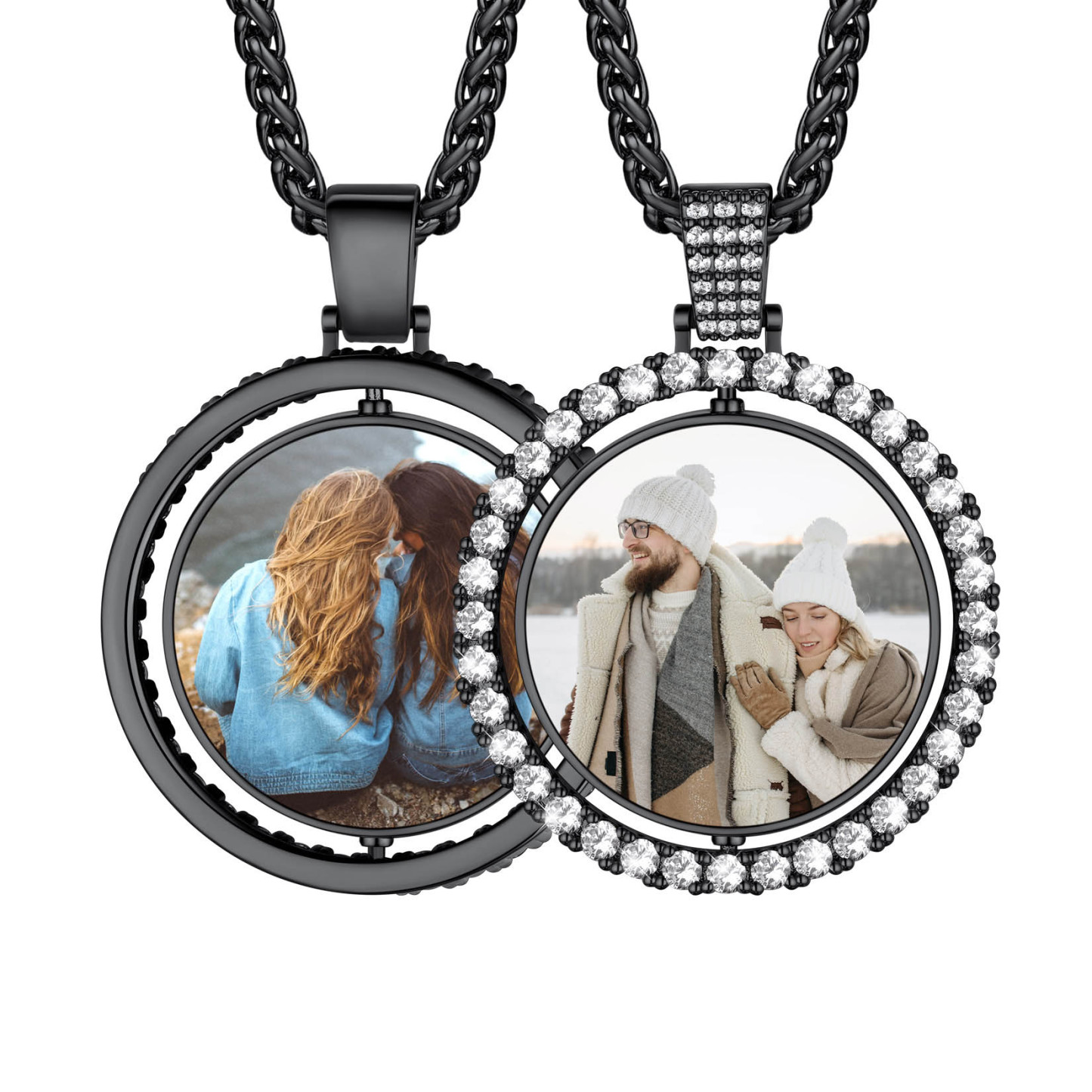 Personalized Rotatable CZ Round Double Side Picture Necklace for Women Men  black