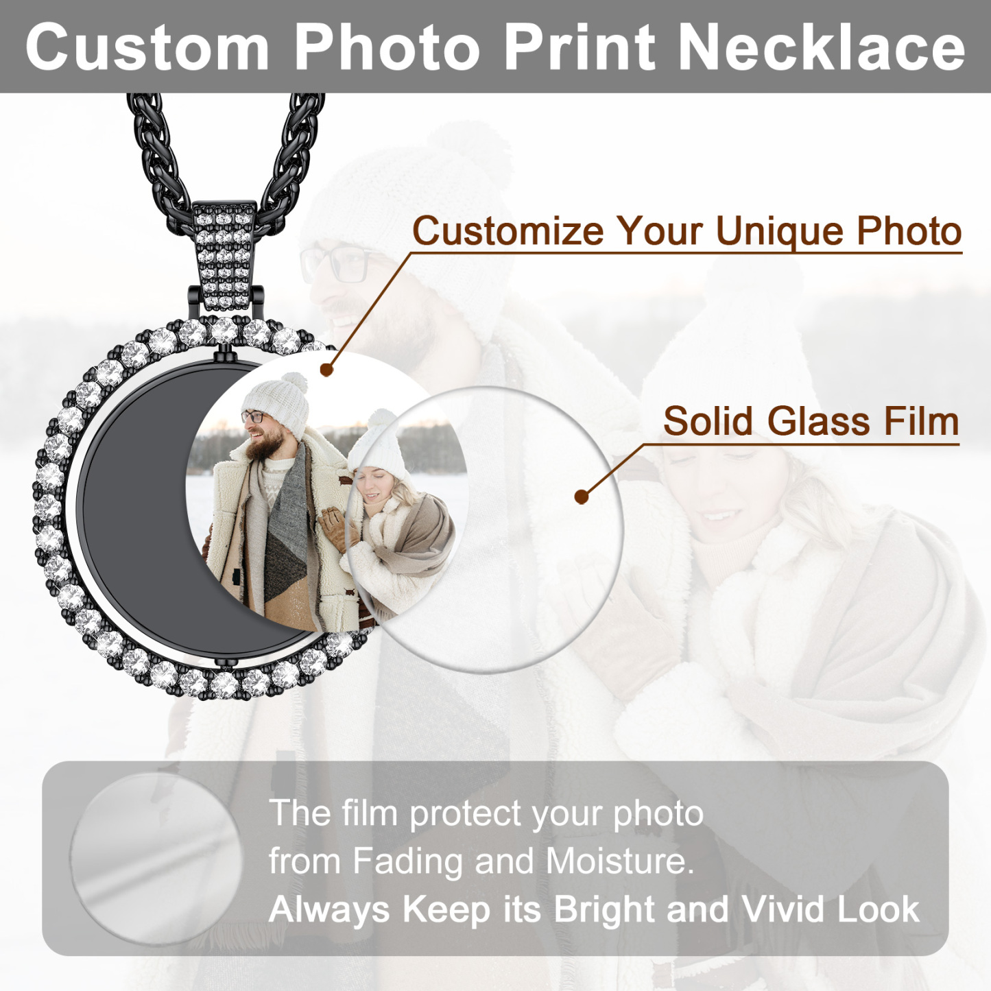 Personalized Rotatable CZ Round Photo Necklace for Women Men 