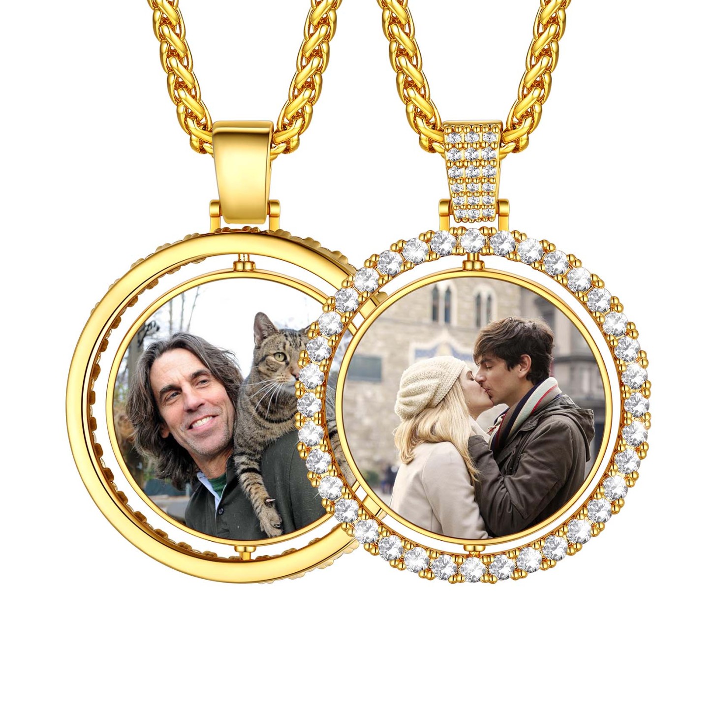 Personalized Rotatable CZ Round Double Side Picture Necklace for Women Men  gold