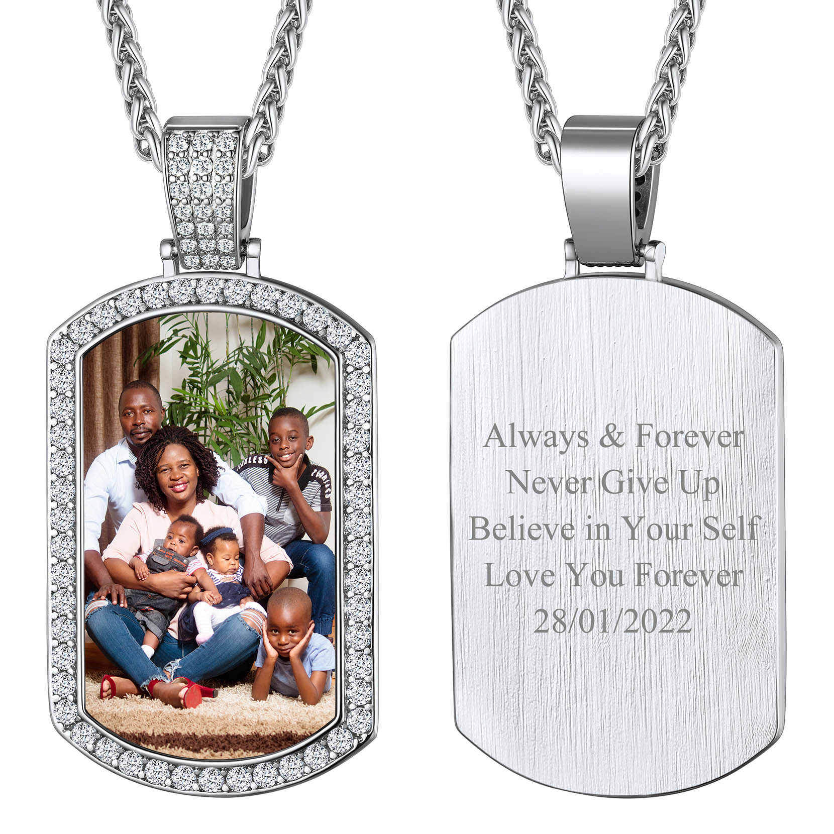 Personalized Photo CZ Dog Tag Pendant Necklace for Men Women silver