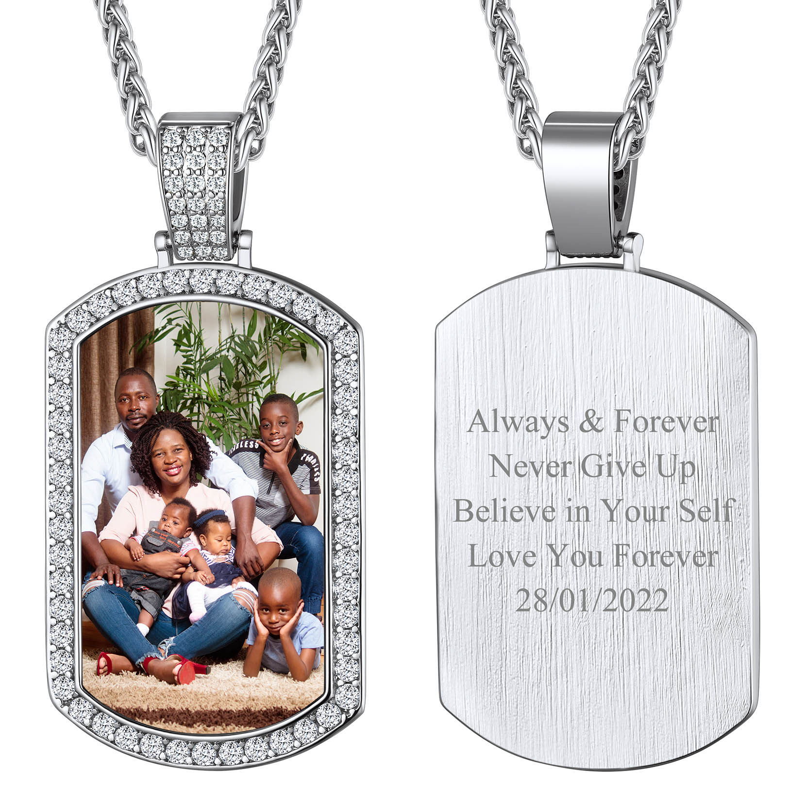 Personalized Photo CZ Dog Tag Pendant Necklace for Men Women silver