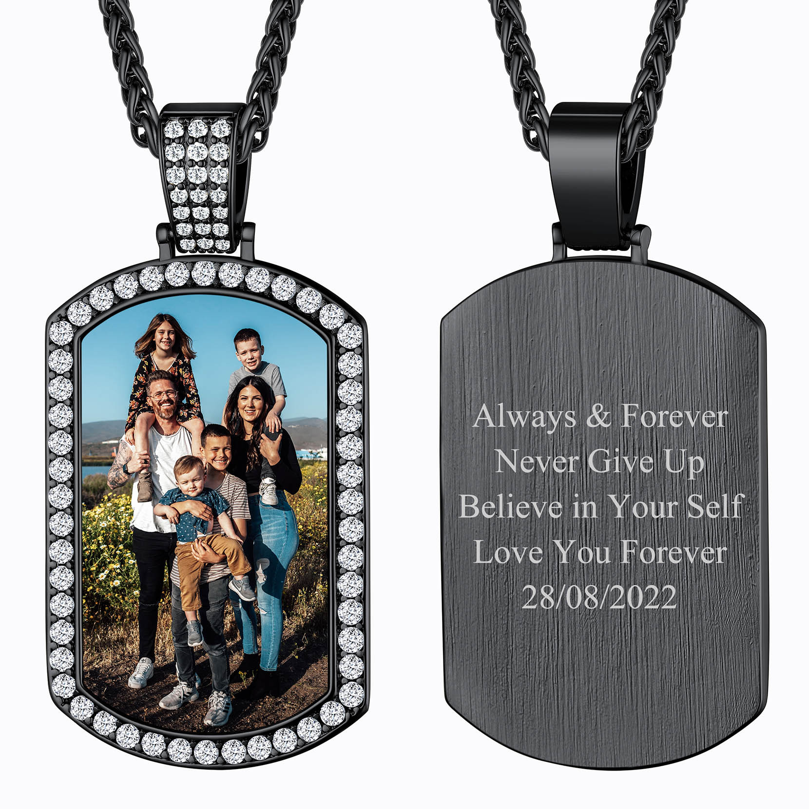 Personalized Photo CZ Dog Tag Pendant Necklace for Men Women black