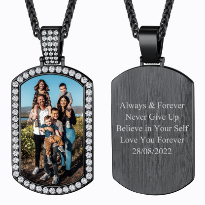Personalized Photo CZ Dog Tag Pendant Necklace for Men Women black