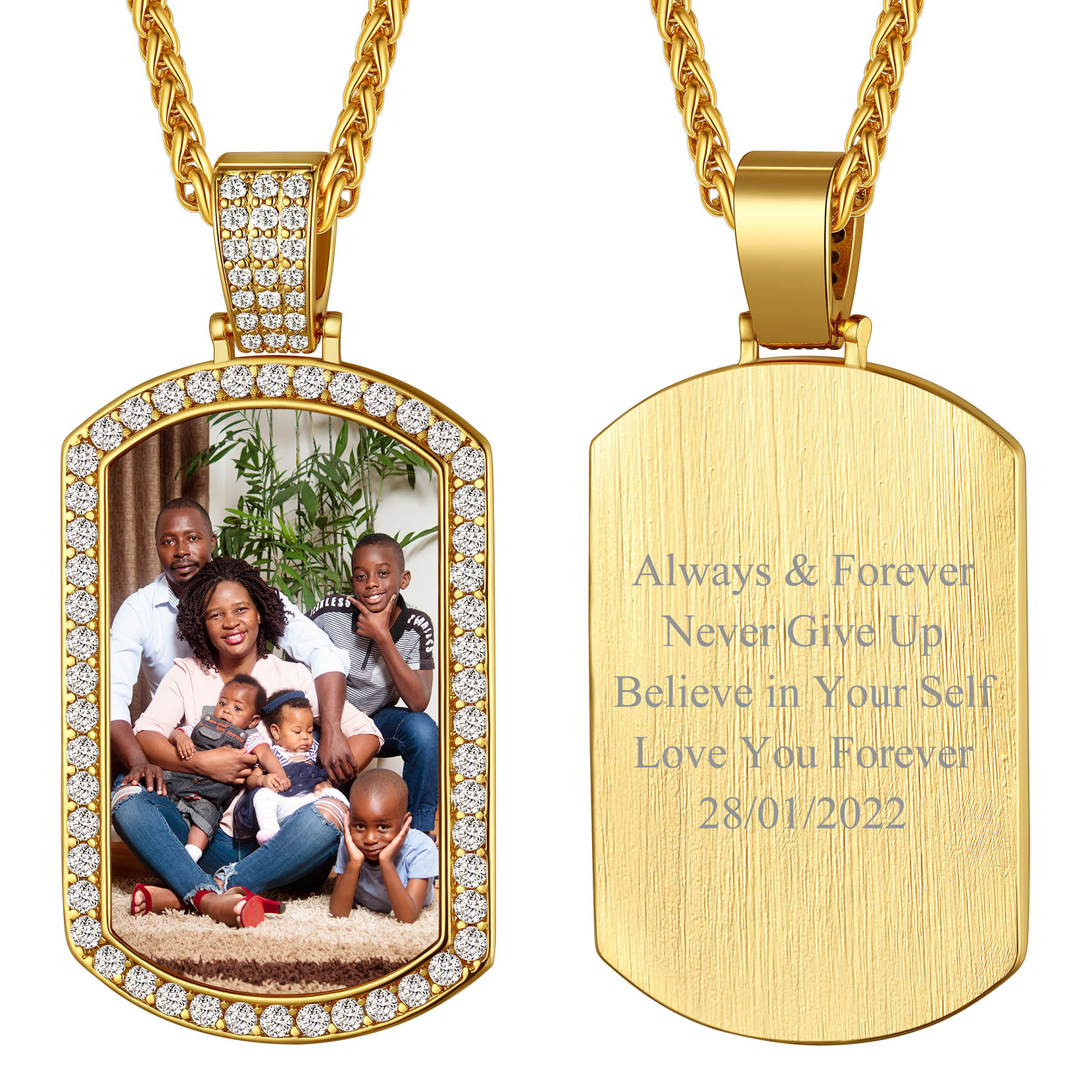 Personalized Photo CZ Dog Tag Pendant Necklace for Men Women gold