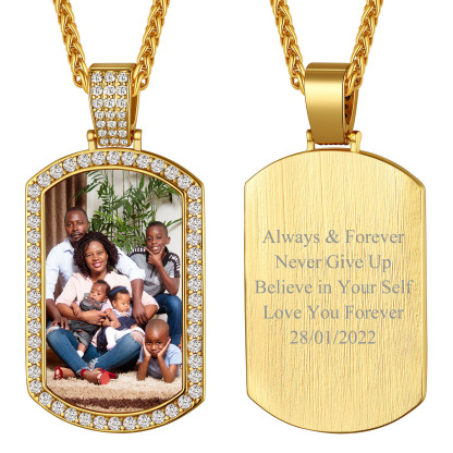 Personalized Photo CZ Dog Tag Pendant Necklace for Men Women gold