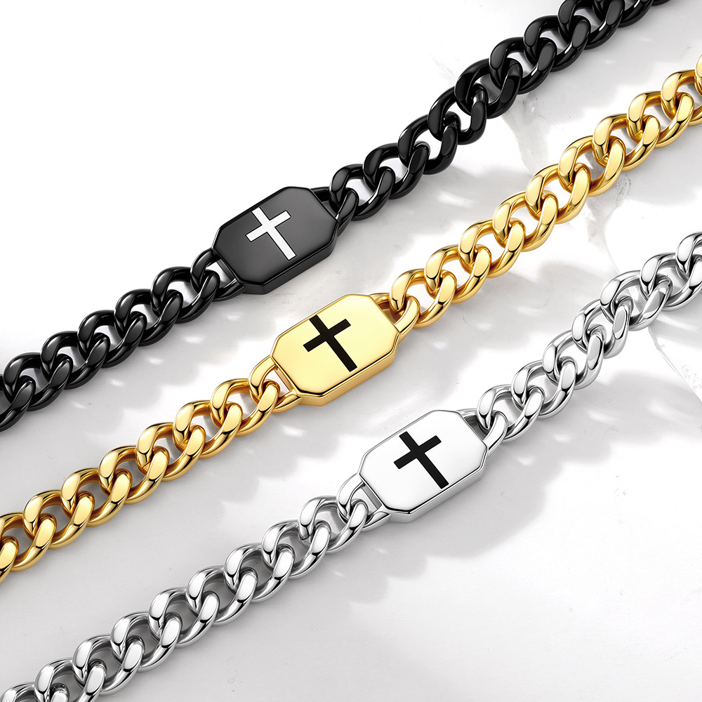 Cross Engraved Cuban Link Necklace for Men Women