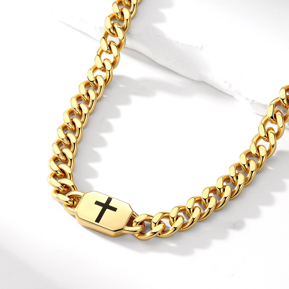 Cross Engraved Cuban Link Necklace for Men Women