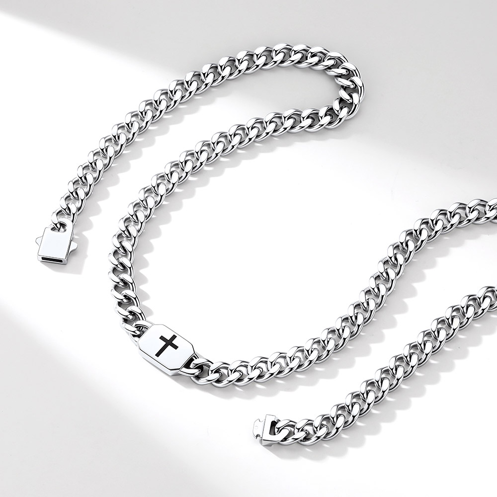 Cross Engraved Cuban Link Necklace for Men Women