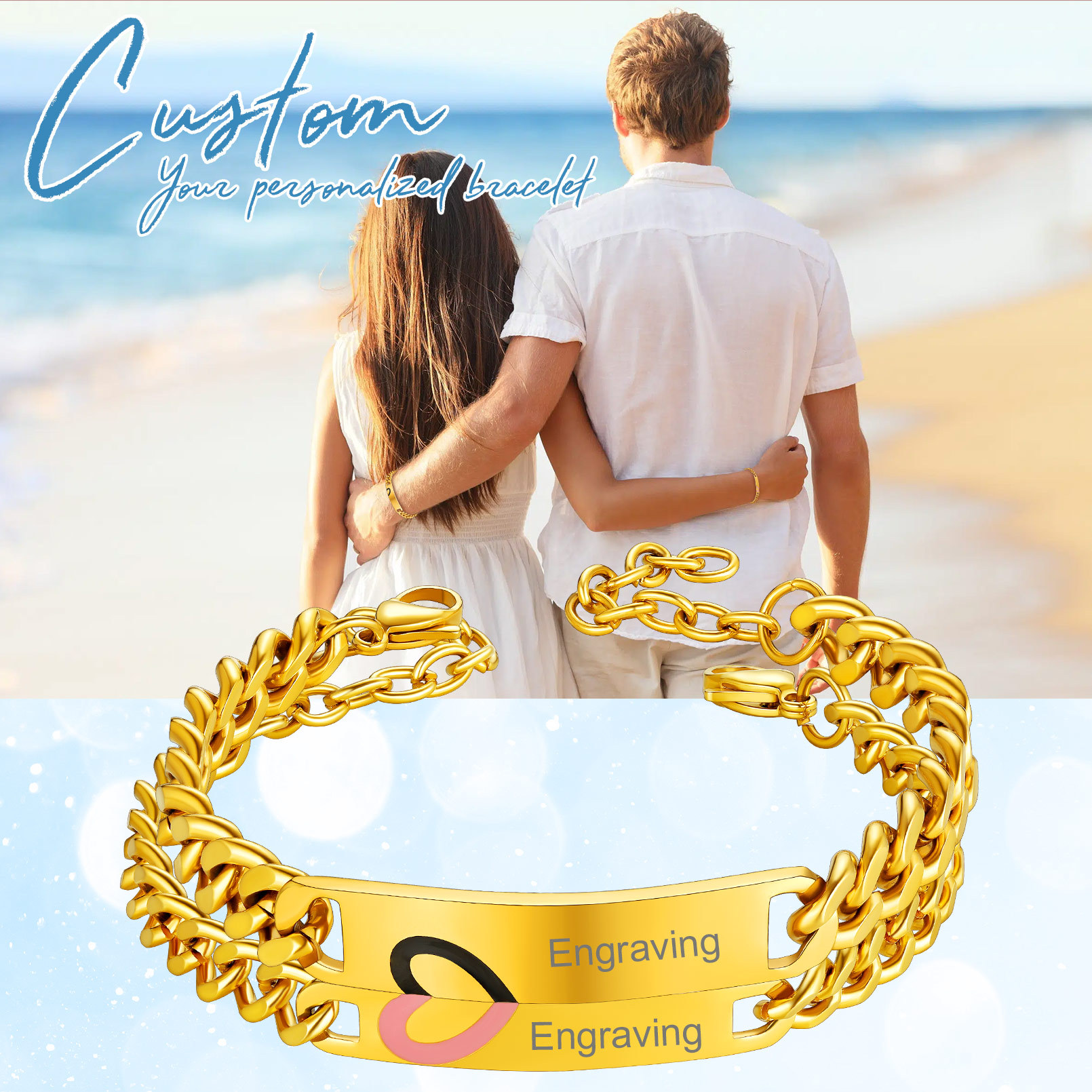 Personalized Name Engraved Matching Bracelets for Couple 