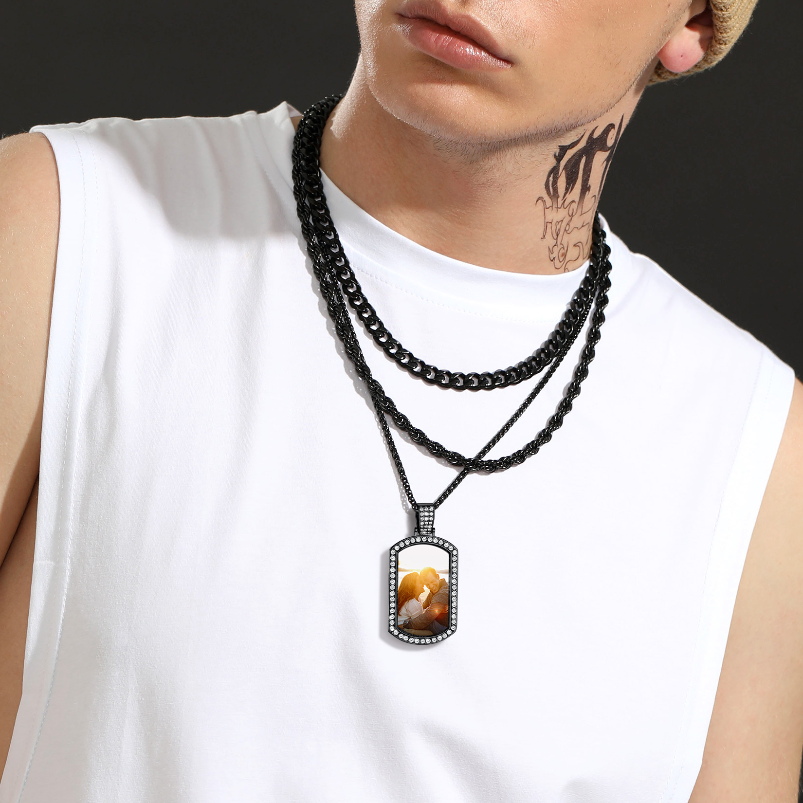 Personalized Photo CZ Dog Tag Pendant Necklace for Men Women model