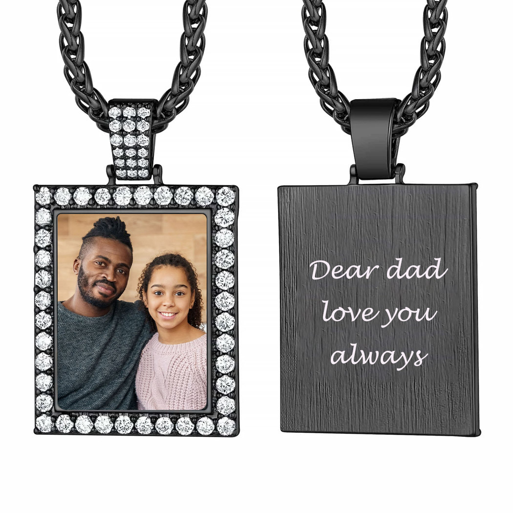 Personalized Photo Frame Shaped Iced Out Necklace black