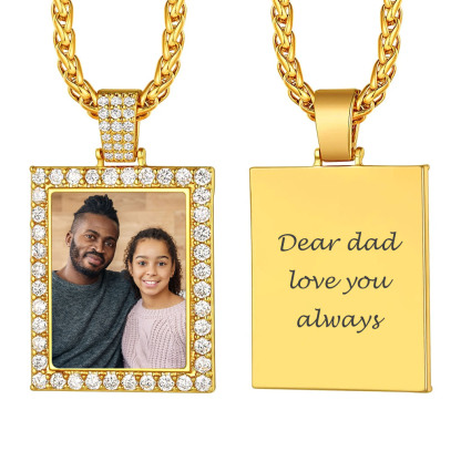 Personalized Photo Frame Shaped Iced Out  Necklace gold