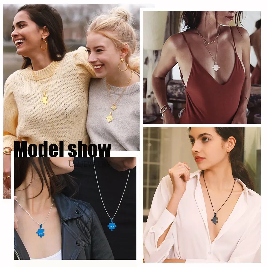 Custom Engraved Matching Puzzle BFF Necklace for Friends 4pcs model show
