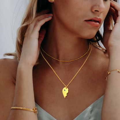 Personalized Name Birthstone Matching BFF Puzzle Heart Pendant Necklace model gold