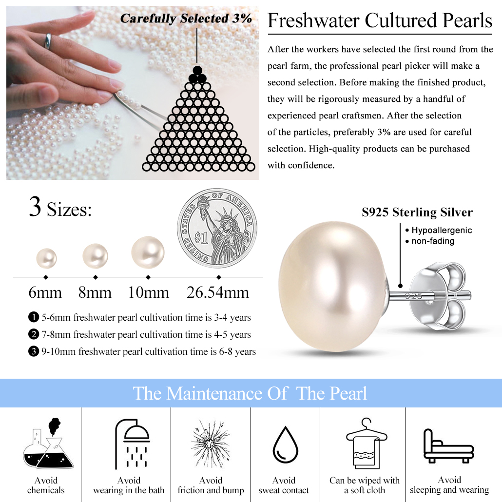 Freshwater Pearls Sterling Silver Studs Earings For Women 