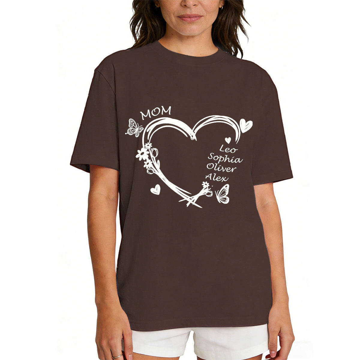 Personalized Heart & Name T-Shirt for Mom Brown