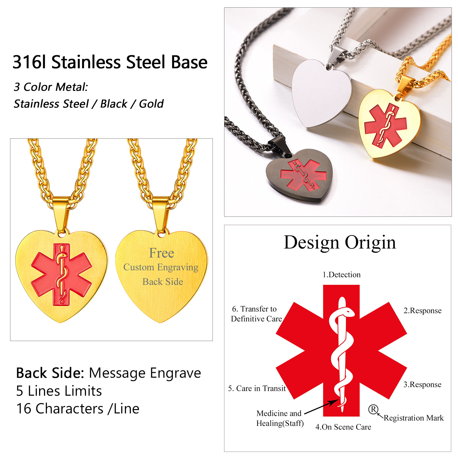 Custom Engraved Medical ID Medical Alert Necklace  stainless steel