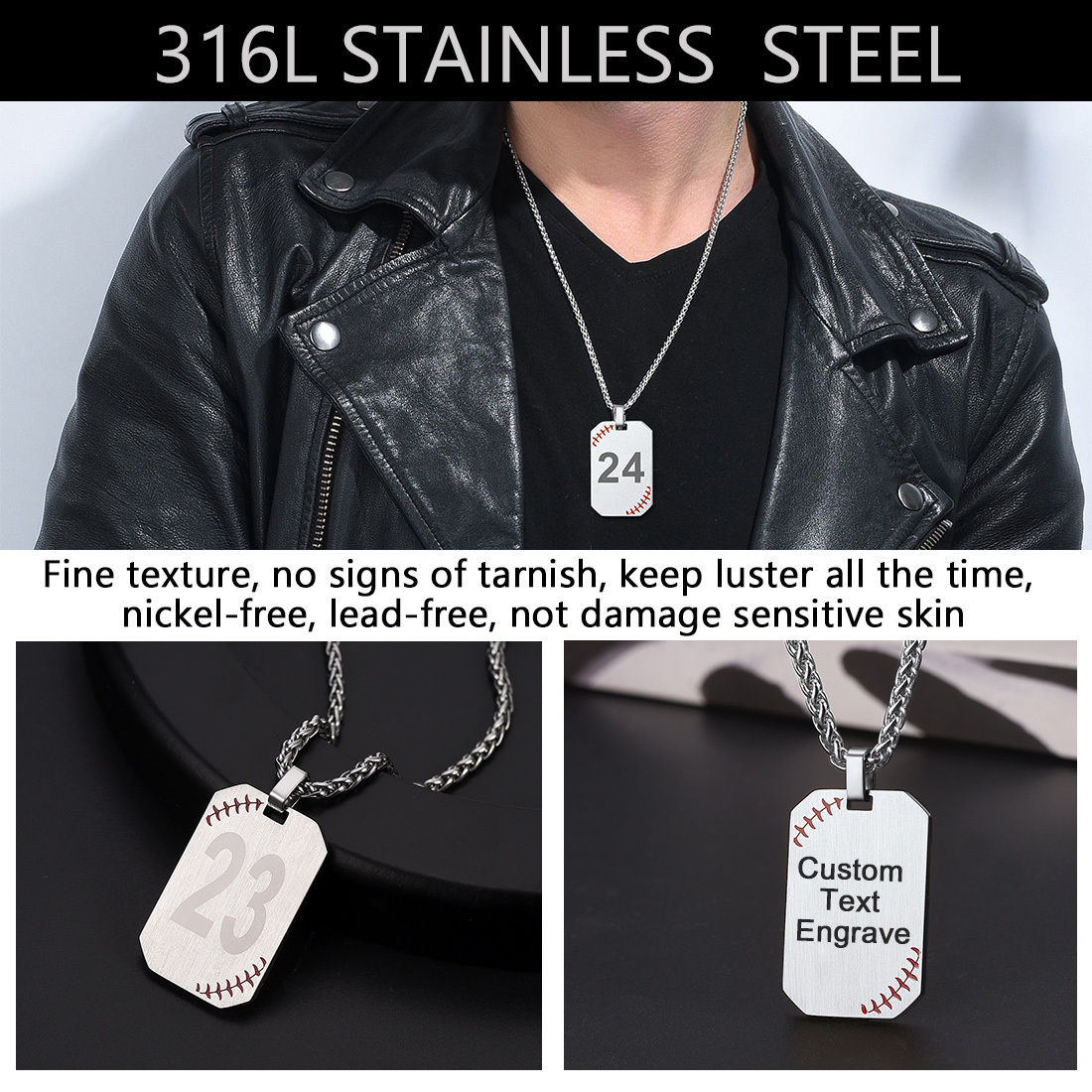 Custom Engraved Baseball Number Dog Tags Pendant Necklace
