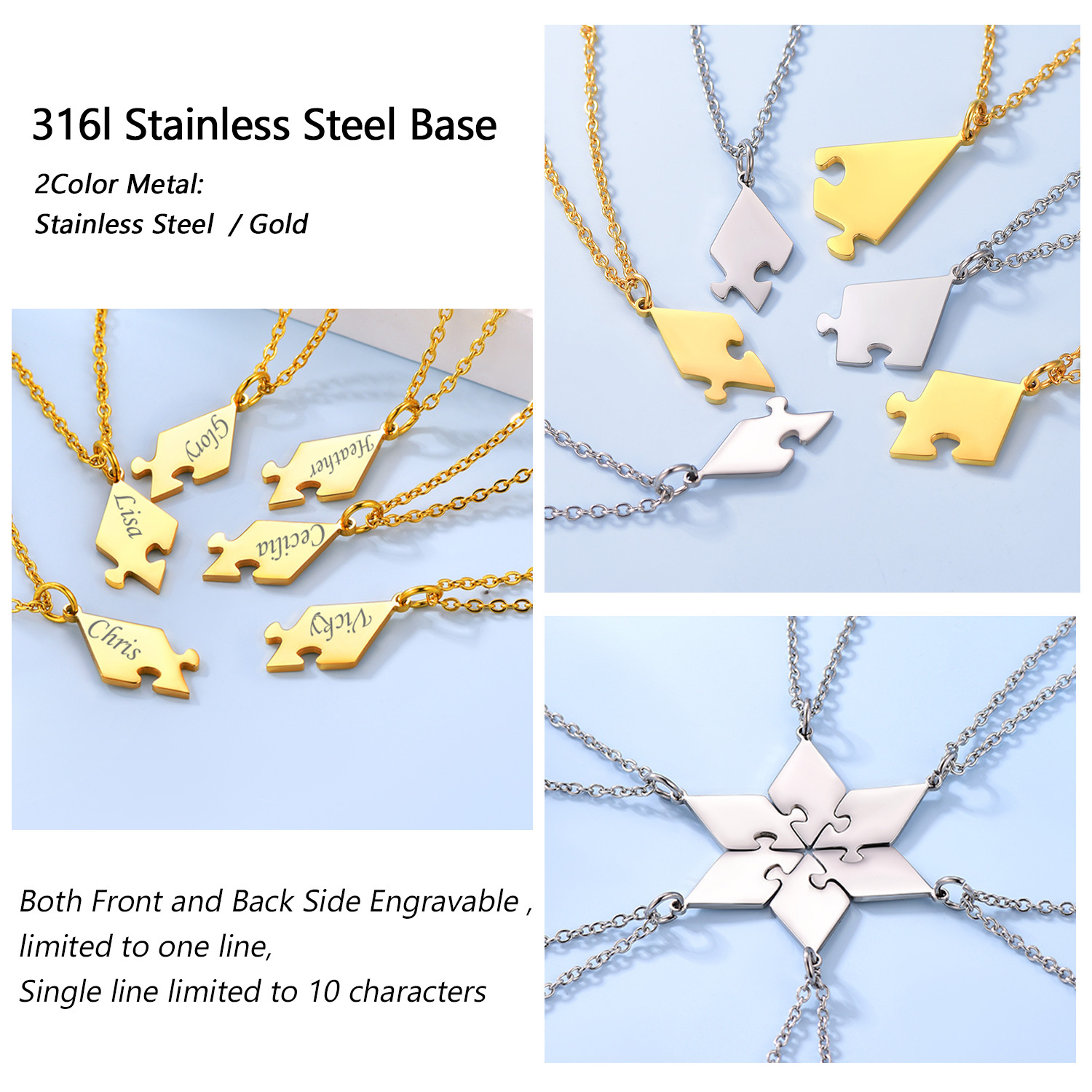 Personalized Name Puzzle Stitching Necklace for Family/Friends 6 Pcs engraved
