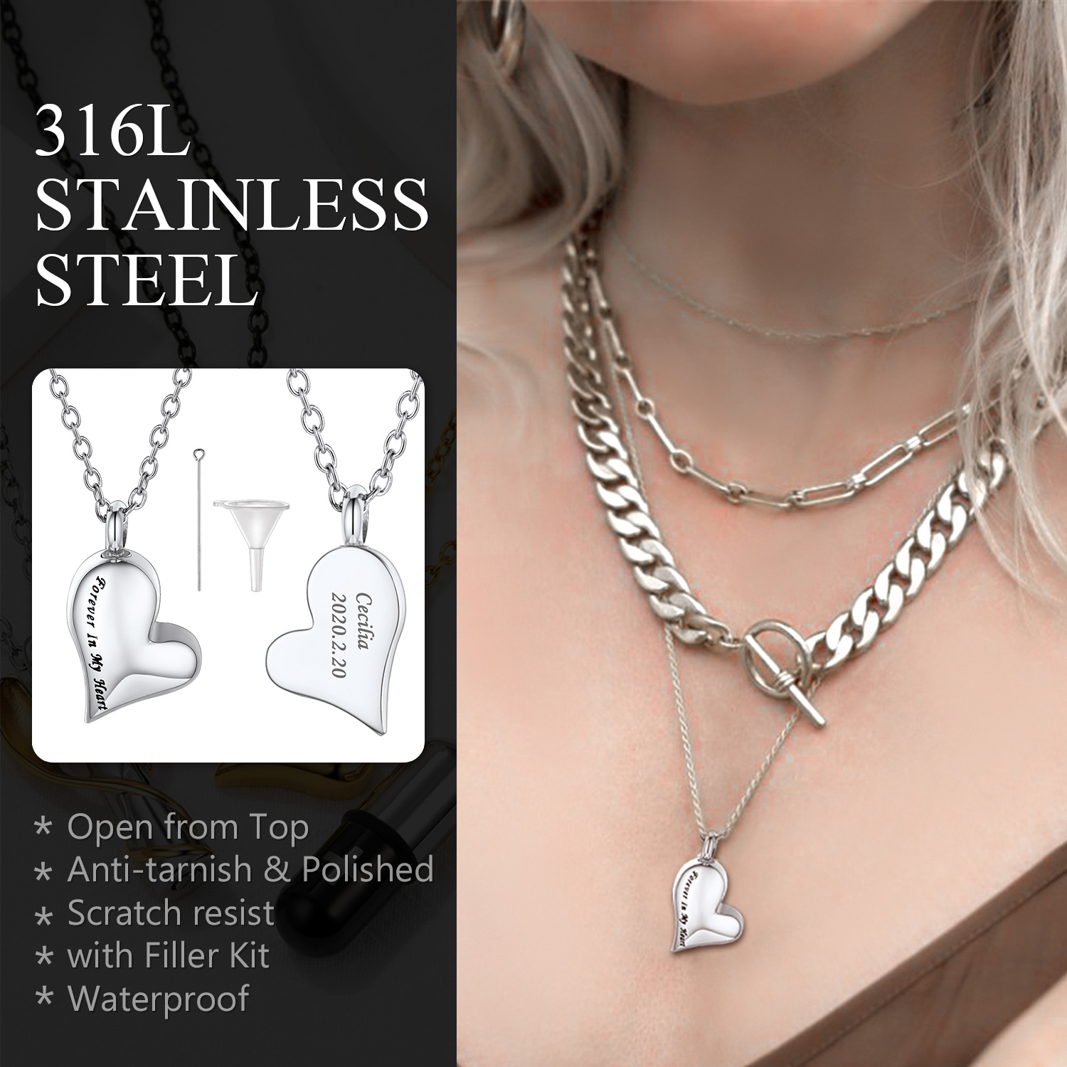 Personalized Engraved Heart Pendant Urn Necklaces model show