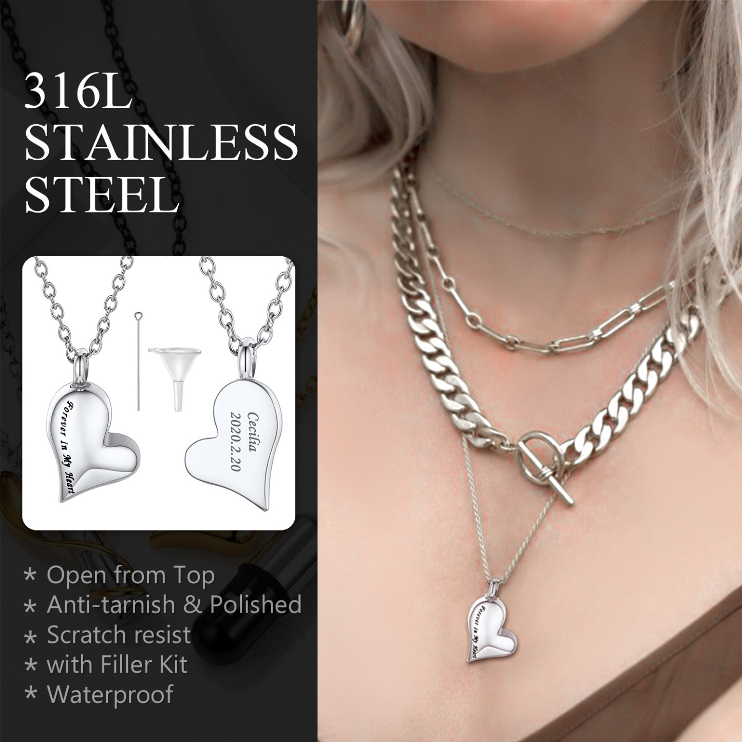 Personalized Engraved Heart Pendant Urn Necklaces model show