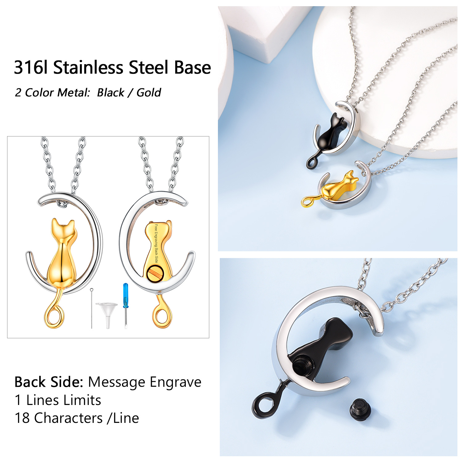 Moon Cat Urn Necklaces for Ashes Memorial Jewelry stainless steel