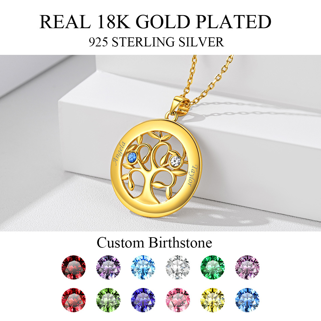 Custom Family Tree Necklaces with 2-7 Names and Birthstones 18k gold
