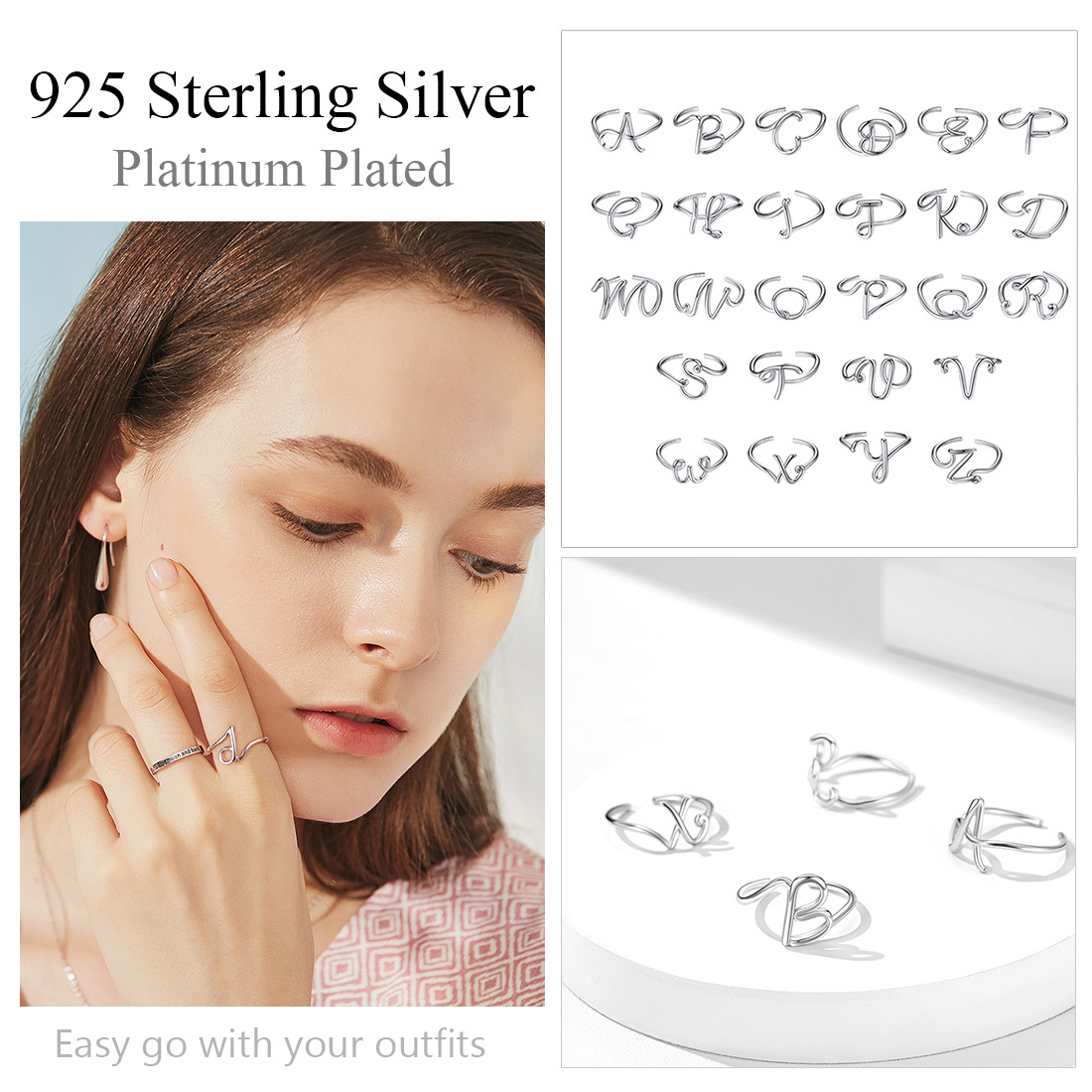 Sterling Silver Statement Initial Adjustable Letter Ring 925 silver