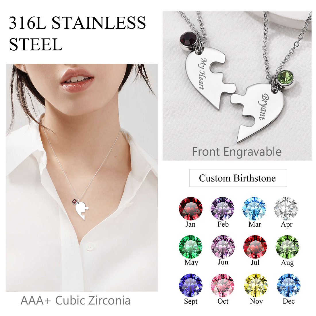 Personalized Birthstone Heart Puzzle Matching Pendant Necklace for Friend/Family stainless steel