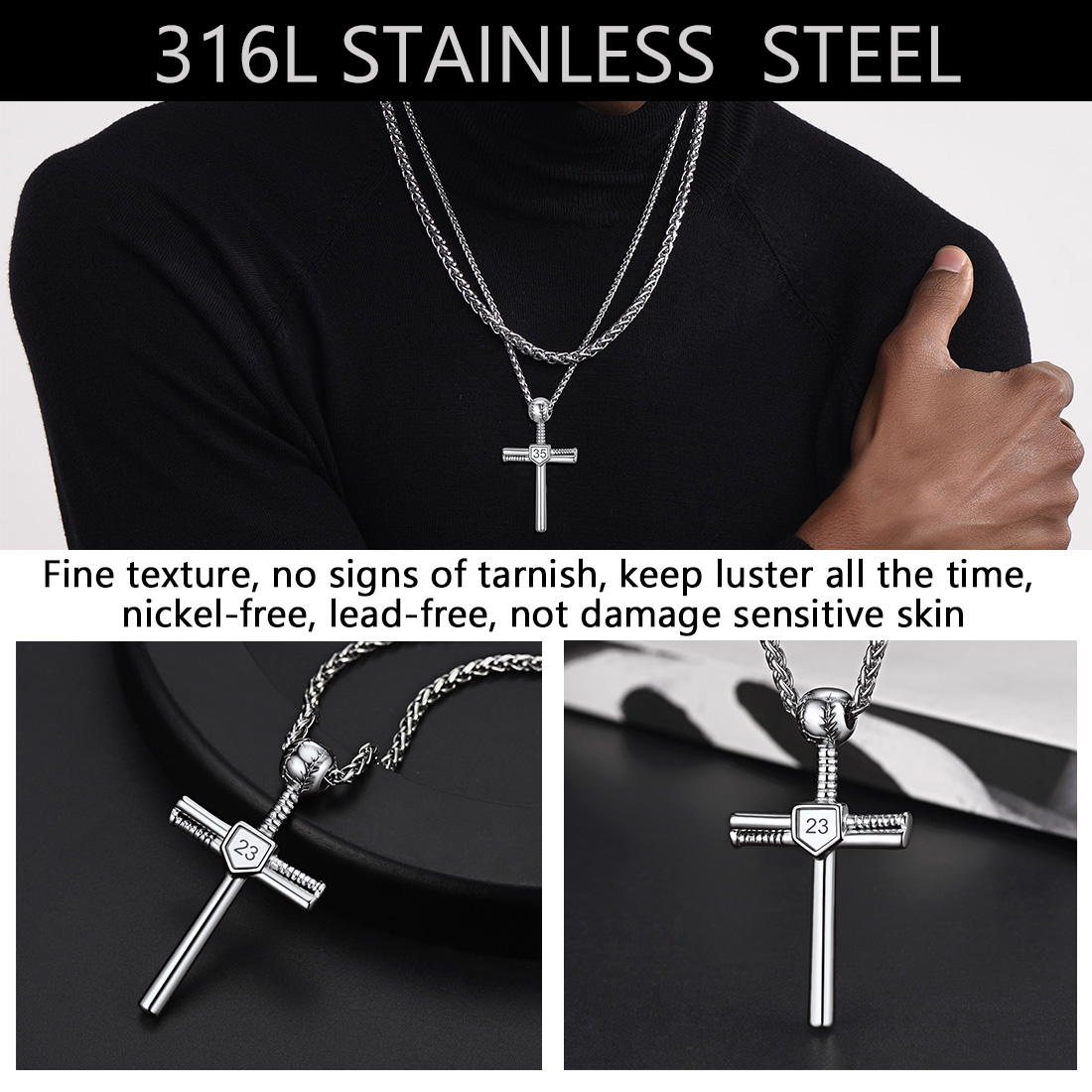 Custom Number Engraved Baseball Cross Necklaces for Men Women stainless steel