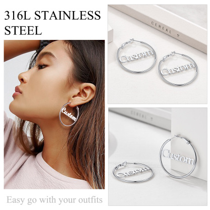 Personalized Name Lightweight Large Hoop Earrings 40/50/70mm stainless steel