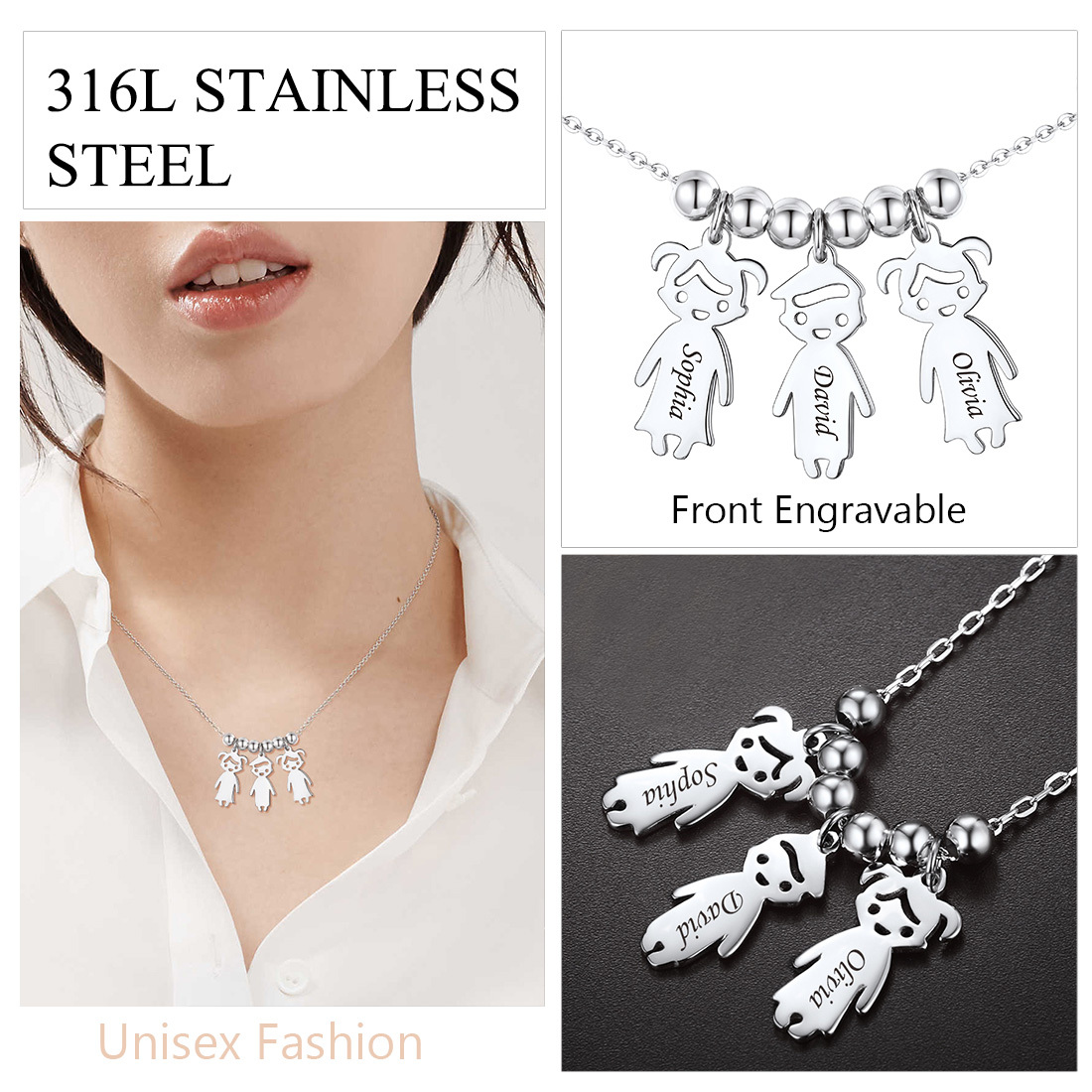 Personalized Engraved Mothers Children Necklace for Mom stainless steel