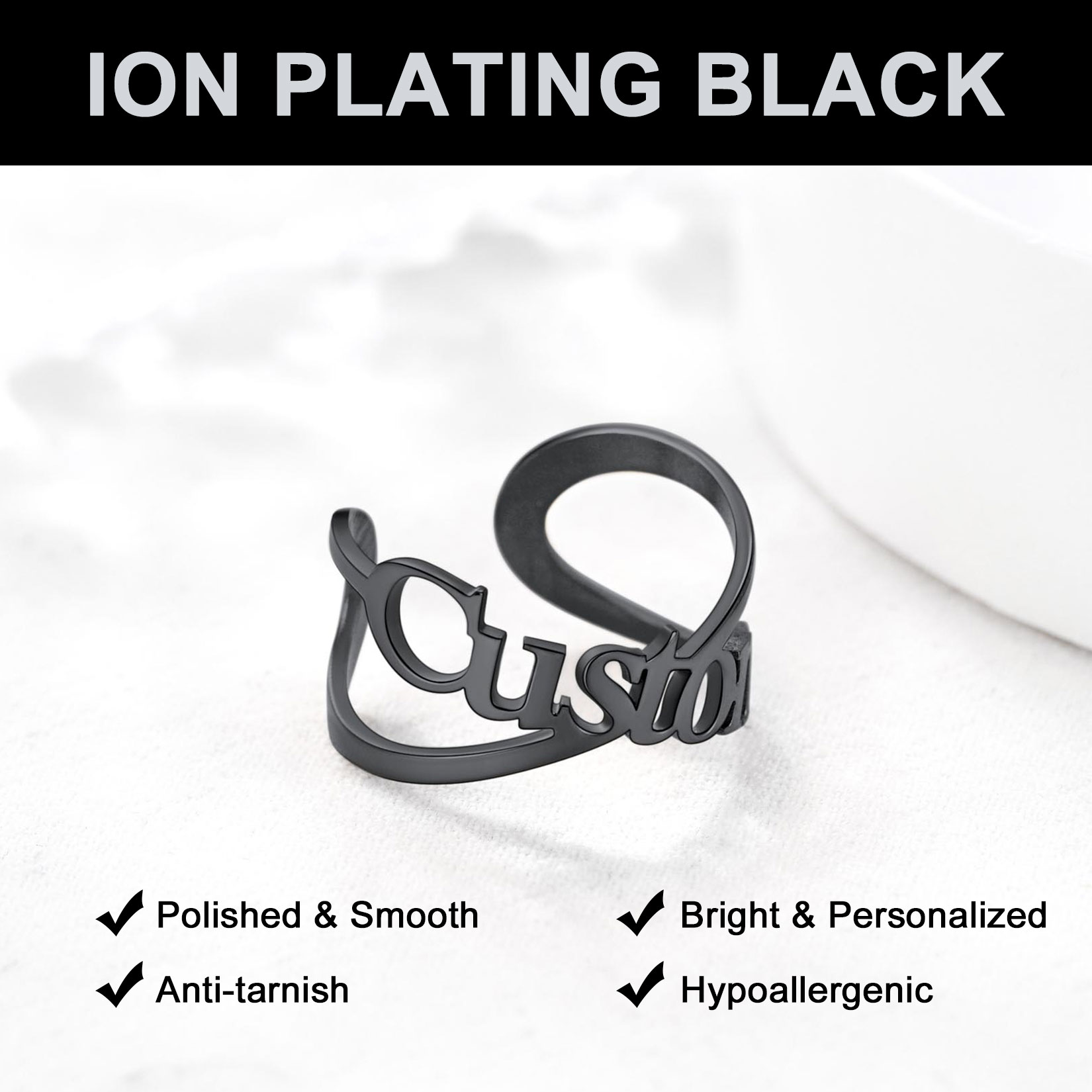 Custom Name Infinity Adjustable Ring black
