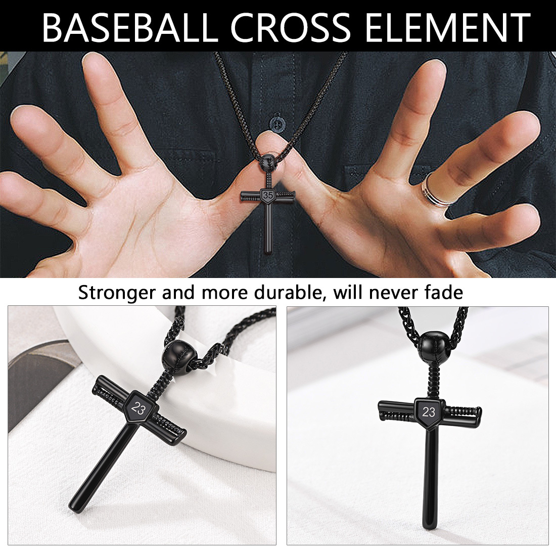 Custom Number Engraved Baseball Cross Necklaces 