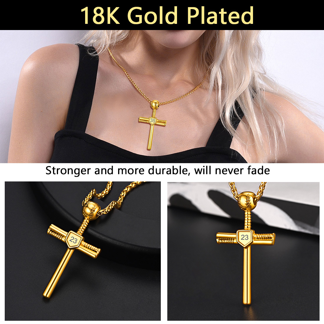 Custom Number Engraved Baseball Cross Necklaces for Men Women 18k gold plated