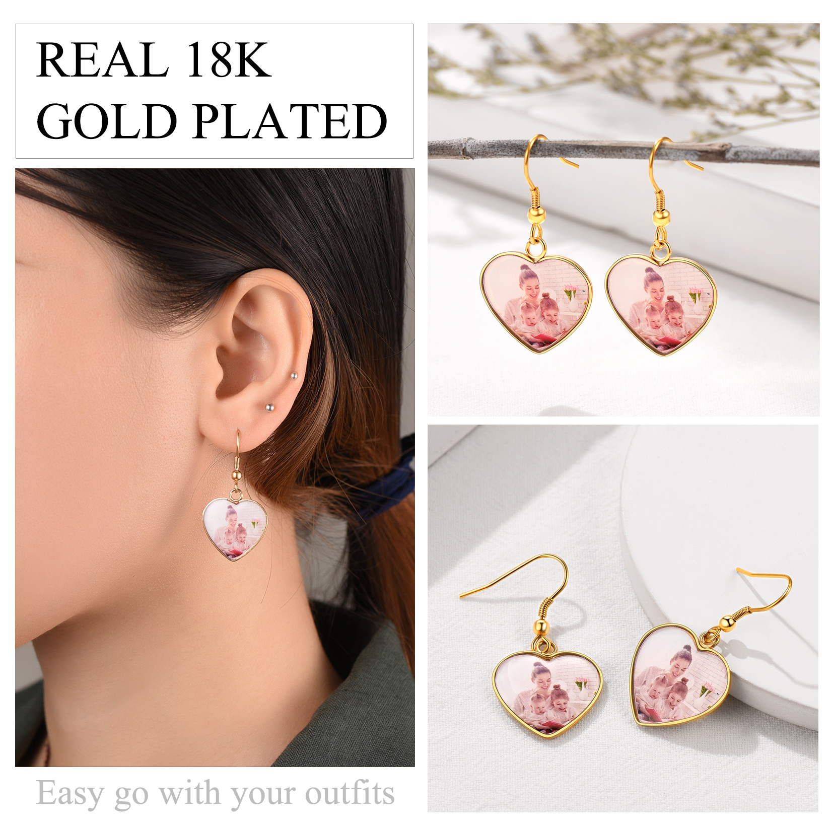 Personalized Photo Heart Earrings for Women